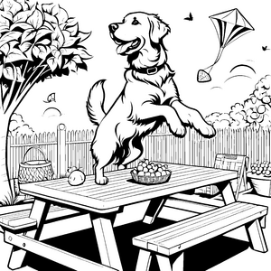 Sprudelnder Golden Retriever am Picknicktisch Ausmalvorlage für frohe Tierliebhaber