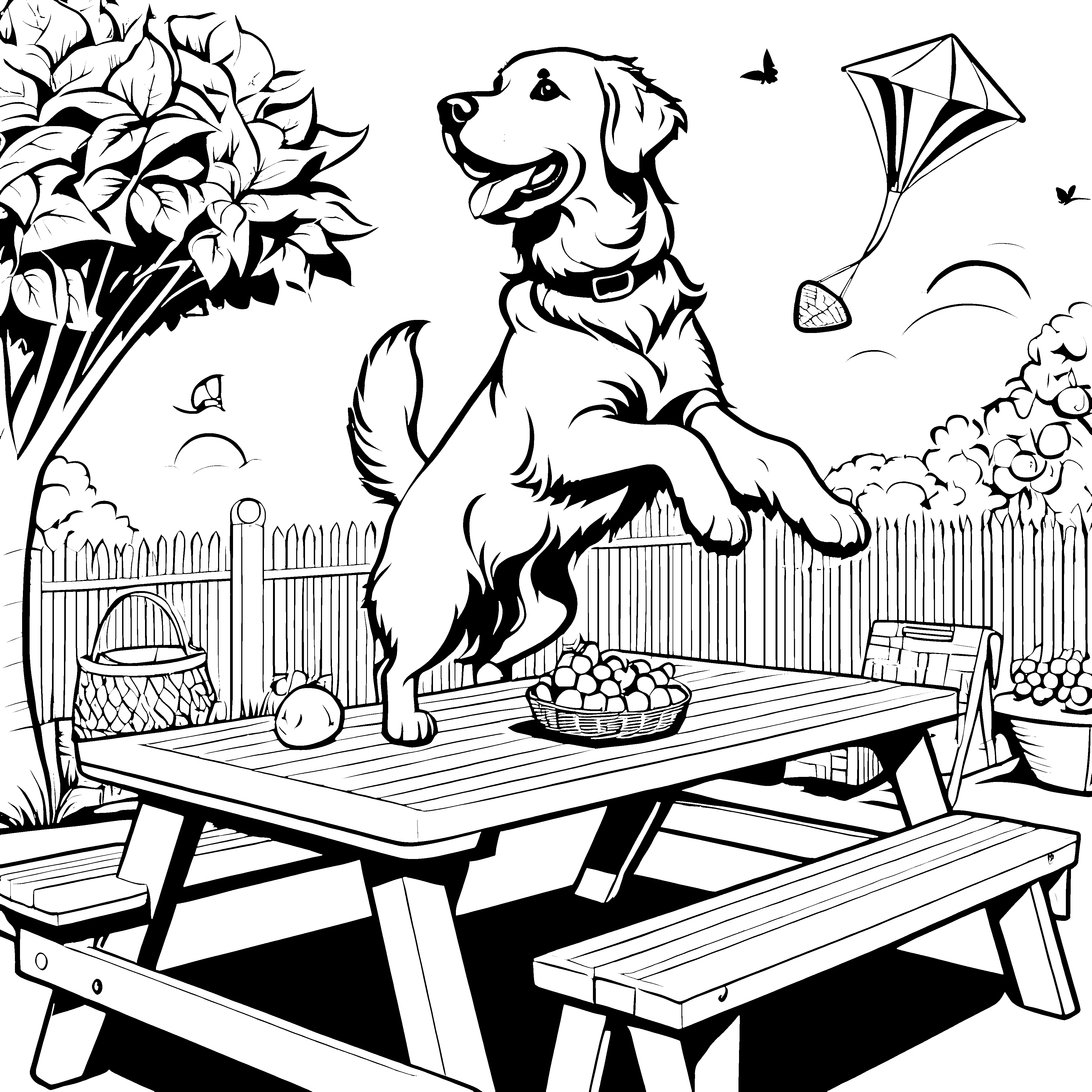 Sprudelnder Golden Retriever am Picknicktisch Ausmalvorlage für frohe Tierliebhaber