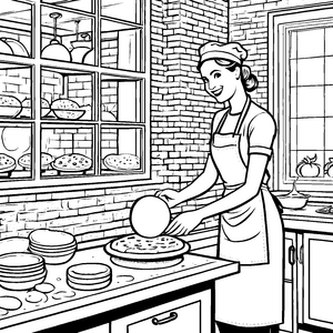 Pizzabäckerin am Tresen: Teig kneten und Pizza backen