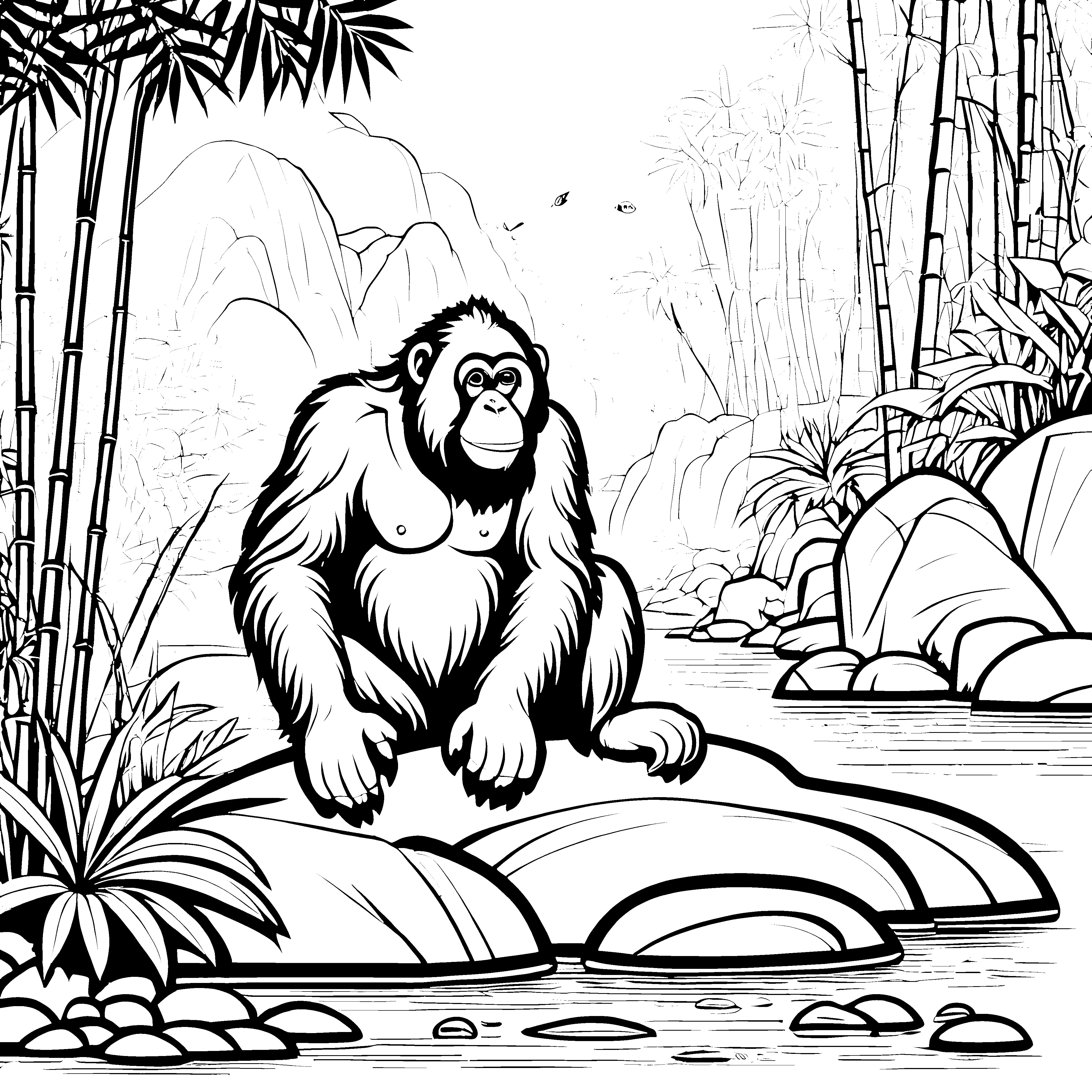 Der Orangutan im Dschungel: Ein Ausmalspaß mit Bambus und Tropenfluss