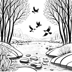Elstern über dem Fluss bei hohen Bäumen zum Ausmalen