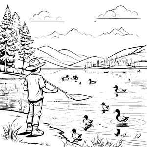 Paddeln am Badesee mit Enten vor bewaldeten Hügeln