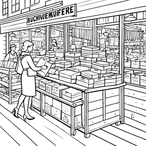 Bücherreiche Buchhandlung mit faszinierenden Geschichten Ausmalbild für wissbegierige Leseratten