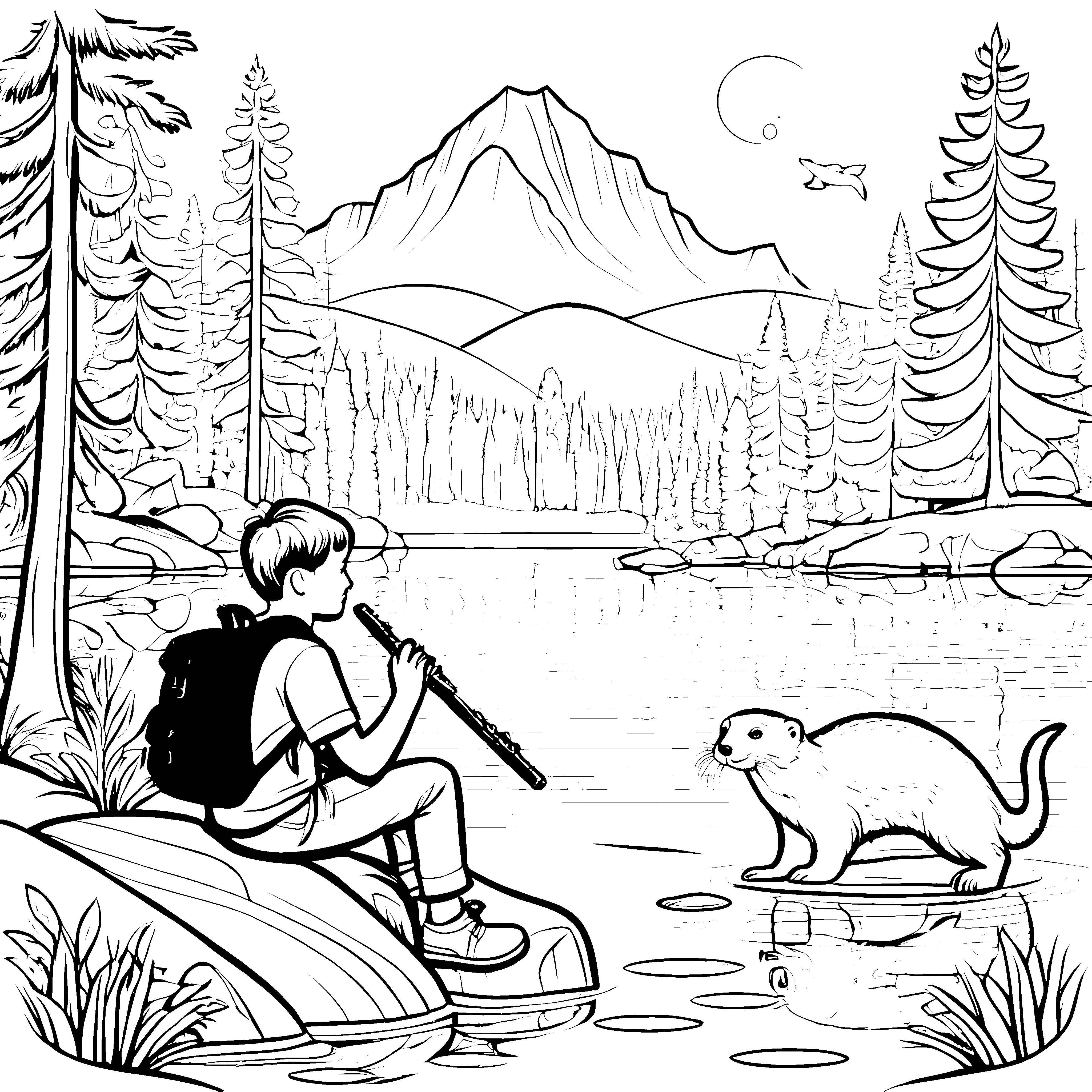 Junge spielt Flöte am See mit Eichhörnchen im Wald