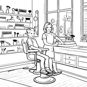 Fröhliches Frisieren im Salon mit nettem Team Ausmalmotiv für kreative Hairstylisten