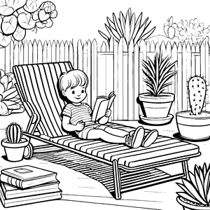 Mein Ausmalbild: Entspannung auf der Gartenliege mit Pflanzen und Büchern