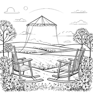 Gemütlicher Schaukelstuhl mit blühendem Garten Ausmalbild für entspannte Träumer