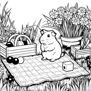 Mein Meerschweinchen im Blumengarten mit Heu und Decke zum Ausmalen