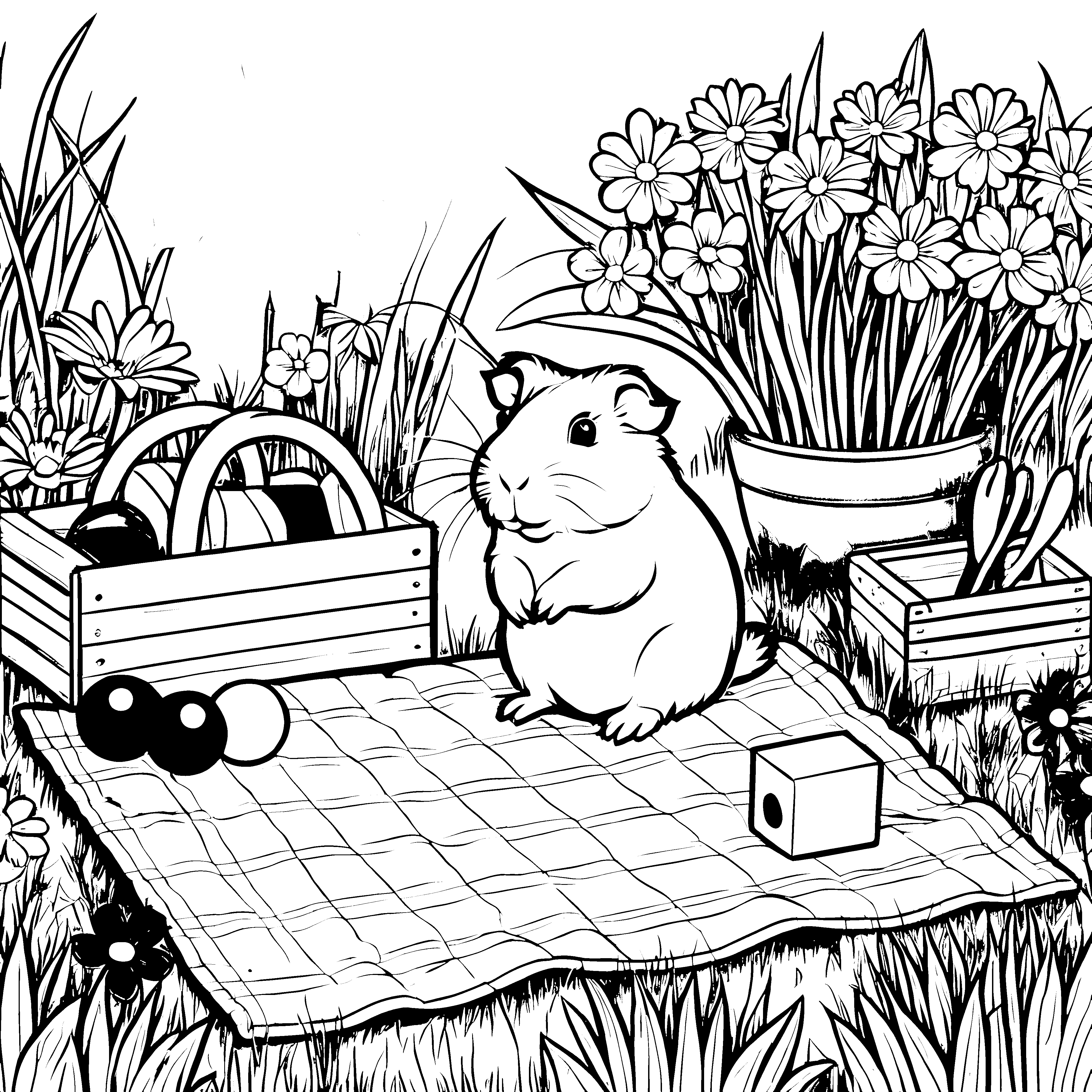 Mein Meerschweinchen im Blumengarten mit Heu und Decke zum Ausmalen