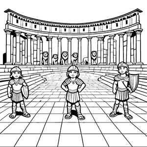Gladiatoren in der Arena mit Löwen zum Ausmalen
