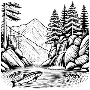 Lebhafter Lachs springt über glitzerndes Wasser Ausmalvorlage für abenteuerlustige Naturforscher