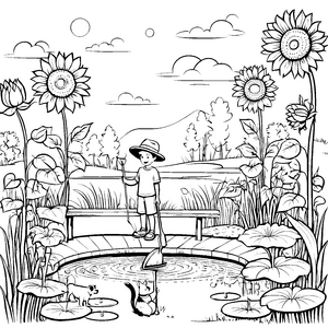 Schaufeln im Teich: Ein Ausmalspaß mit Sonnenblumen und Tieren