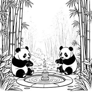 Pandabärenbabys am Bambusbrunnen malen zum Ausmalspaß