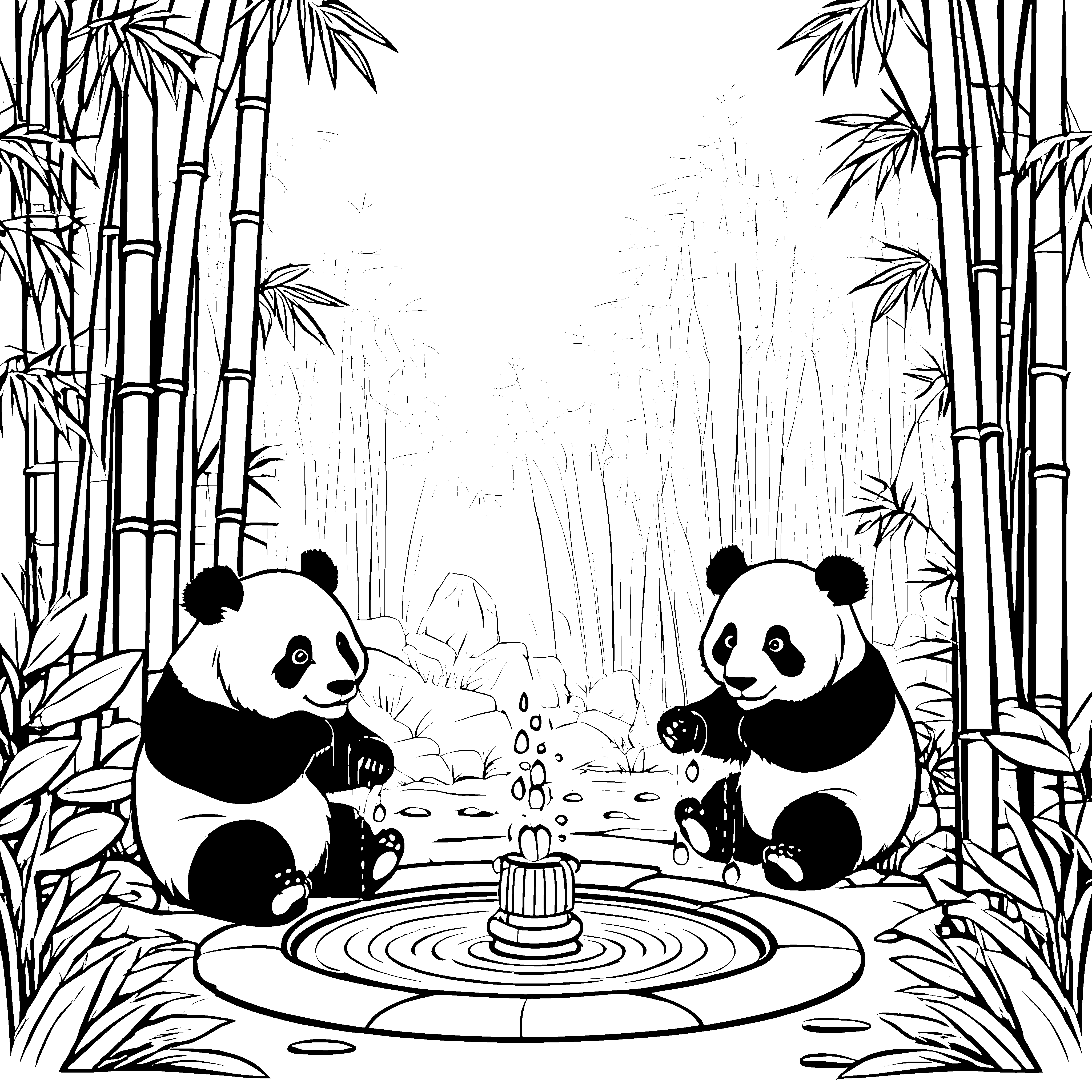 Pandabärenbabys am Bambusbrunnen malen zum Ausmalspaß