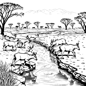 Flitzernde Antilopenjungtiere in der Savannenlandschaft zum Ausmalen