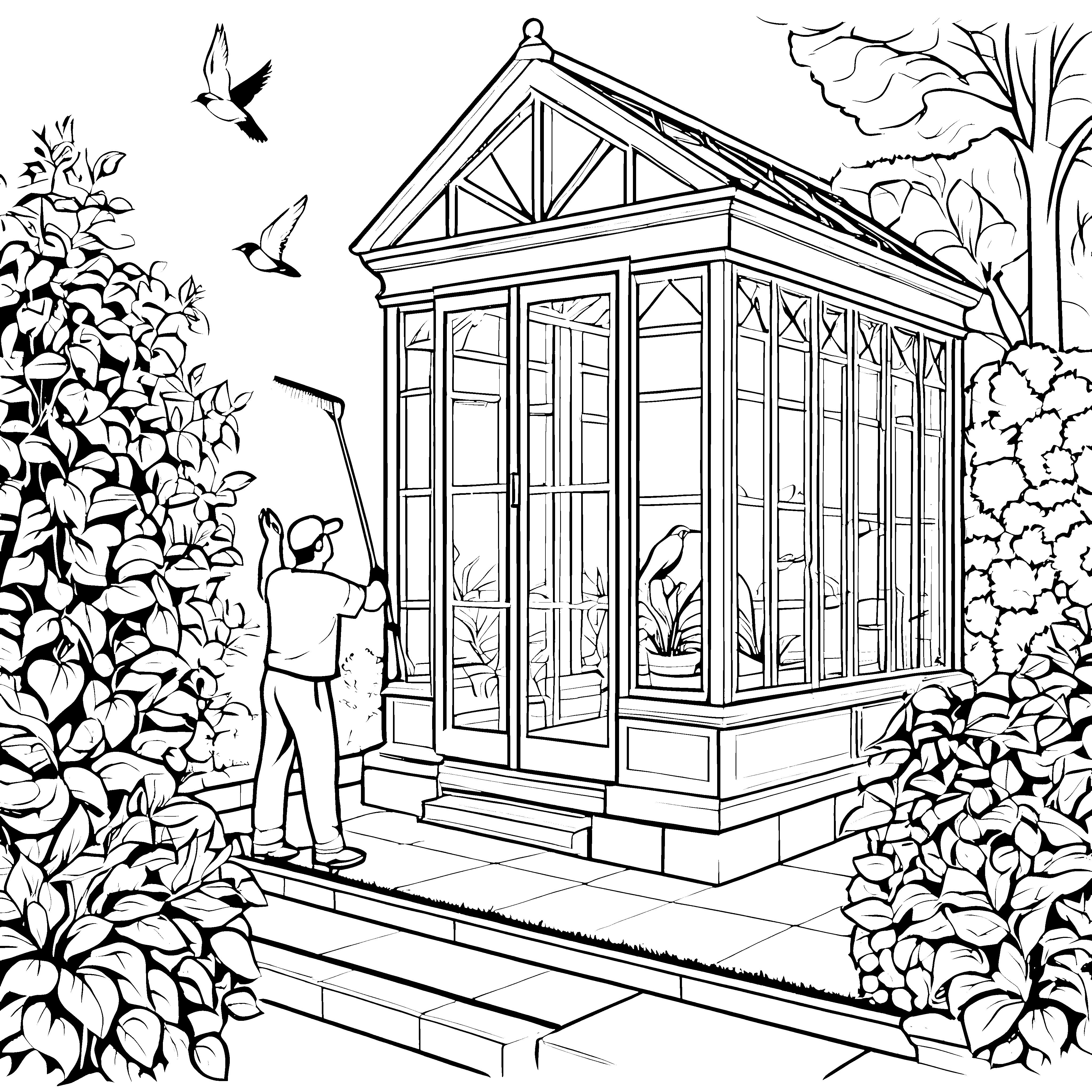 Fensterputzer vor dem Wintergarten mit Vögeln zum Ausmalen