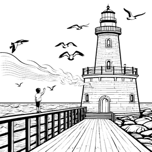 Leuchtturm am Meer: Ein Ausmalbild mit Möwen und Steg