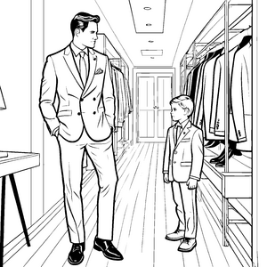 Vater und Sohn im Herren-Sakkos-Geschäft malen