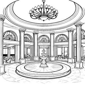 Das große Hotel-Lobby-Abenteuer mit Brunnen und Kronleuchter zum Ausmalen