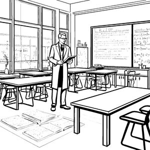 Der Lehrer im Klassenzimmer vor der Tafel zum Ausmalen