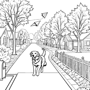 Fröhlicher Golden Retriever auf sonniger Straße Ausmalmotiv für neugierige Entdecker
