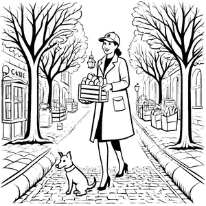 Die Milchlieferantin mit ihrem Hund durch die Stadt malen