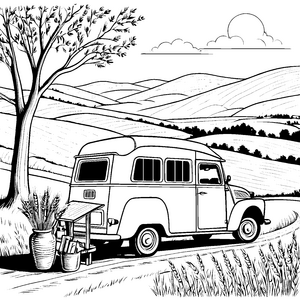 Bezaubernder Wohnwagen in malerischer Landschaft Ausmalbild für abenteuerliche Entdecker