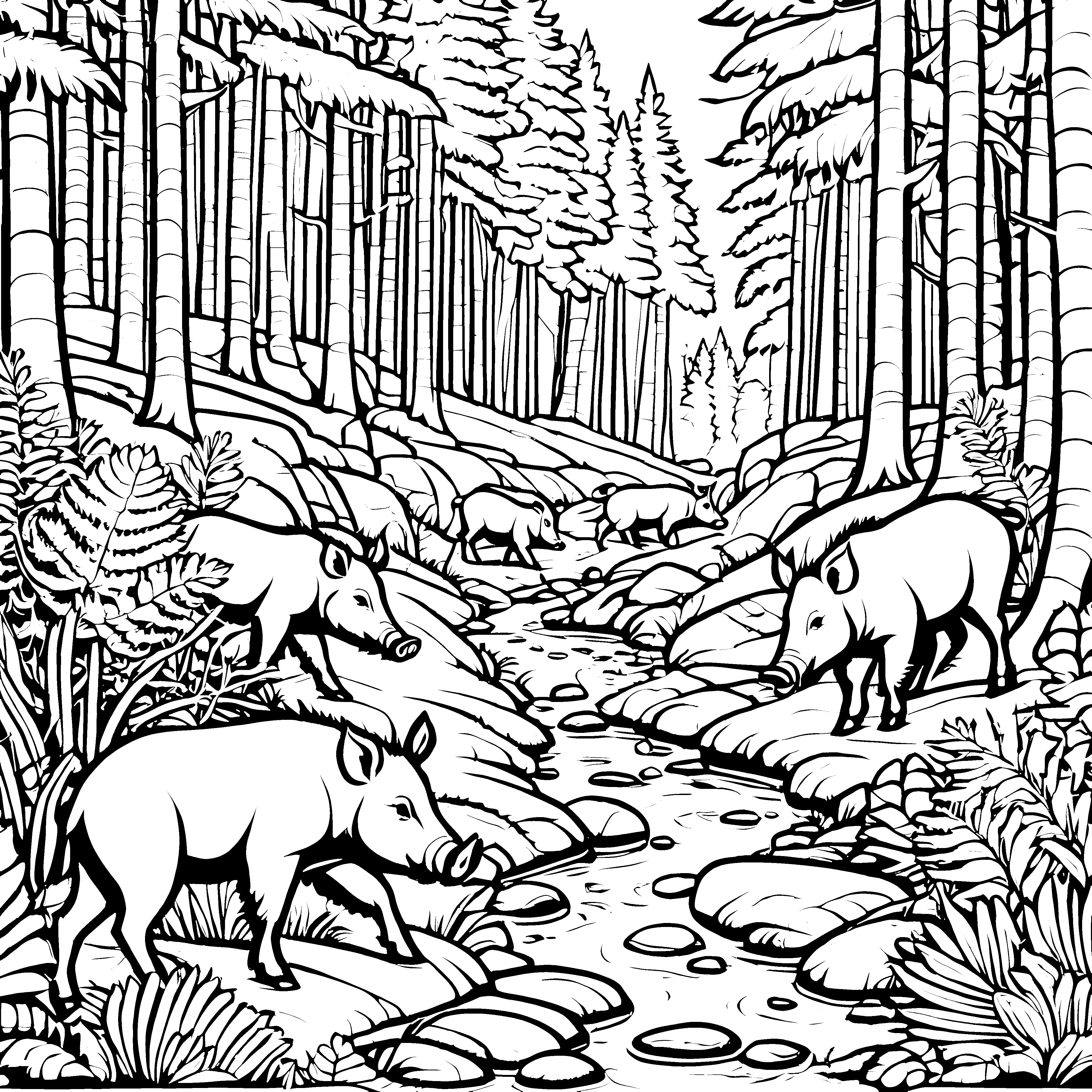 Wildschweine am Bachufer im Wald malen Spaß