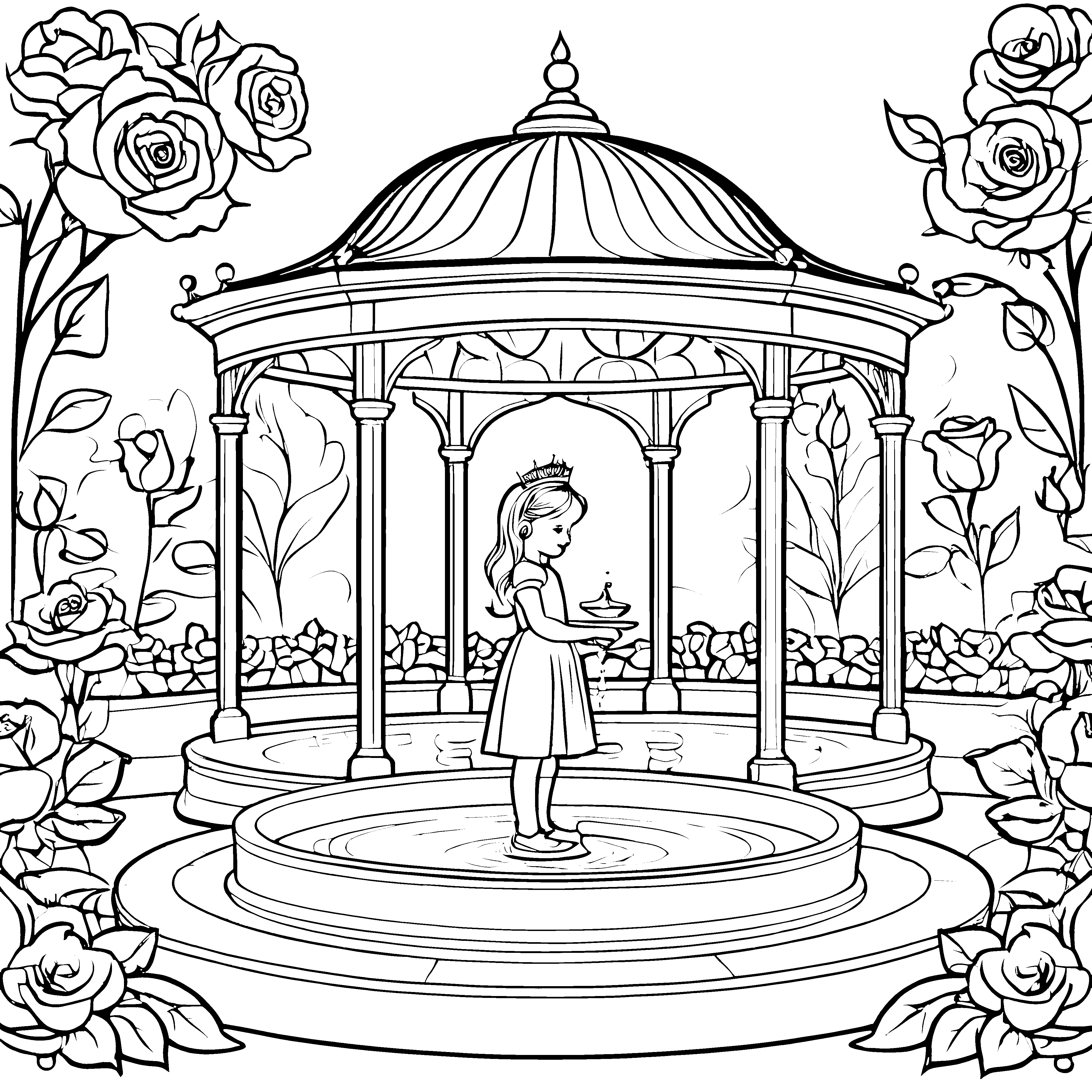 Prinzessin mit Tiara am Rosenbrunnen zum Ausmalen