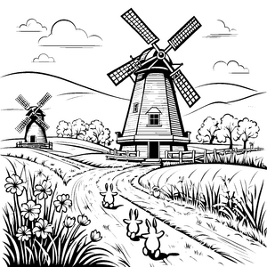 Häschen auf dem Feldweg bei Windmühlen und Blumen zum Ausmalen