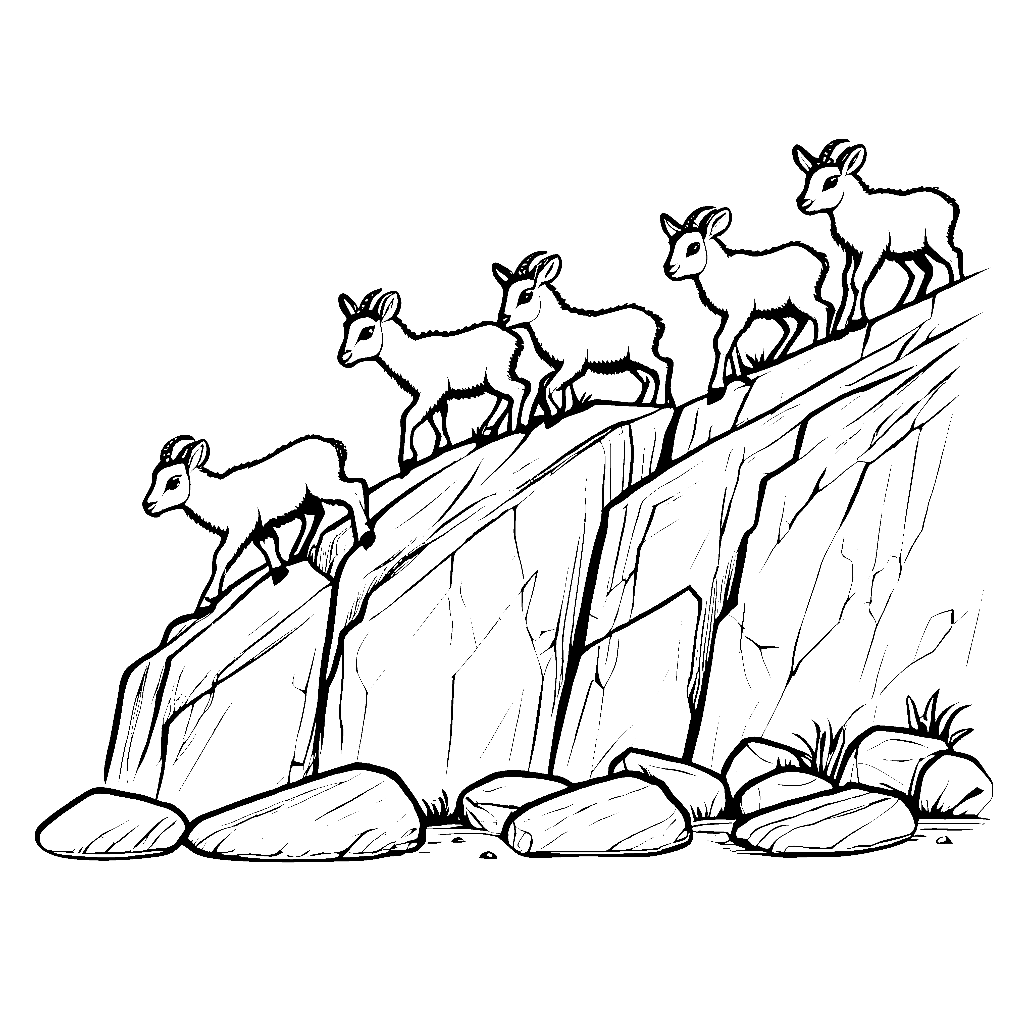 Steinbock-Babys auf der felsigen Klippe malen zum Ausmalspaß