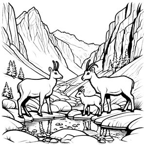 Steinbock-Babys am Bergsee malen Ausmalbild für Kinder
