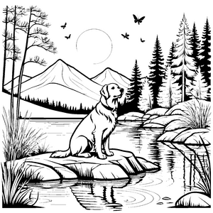 Majestätischer Golden Retriever am ruhigen See Ausmalmotiv für abenteuerlustige Naturfreunde
