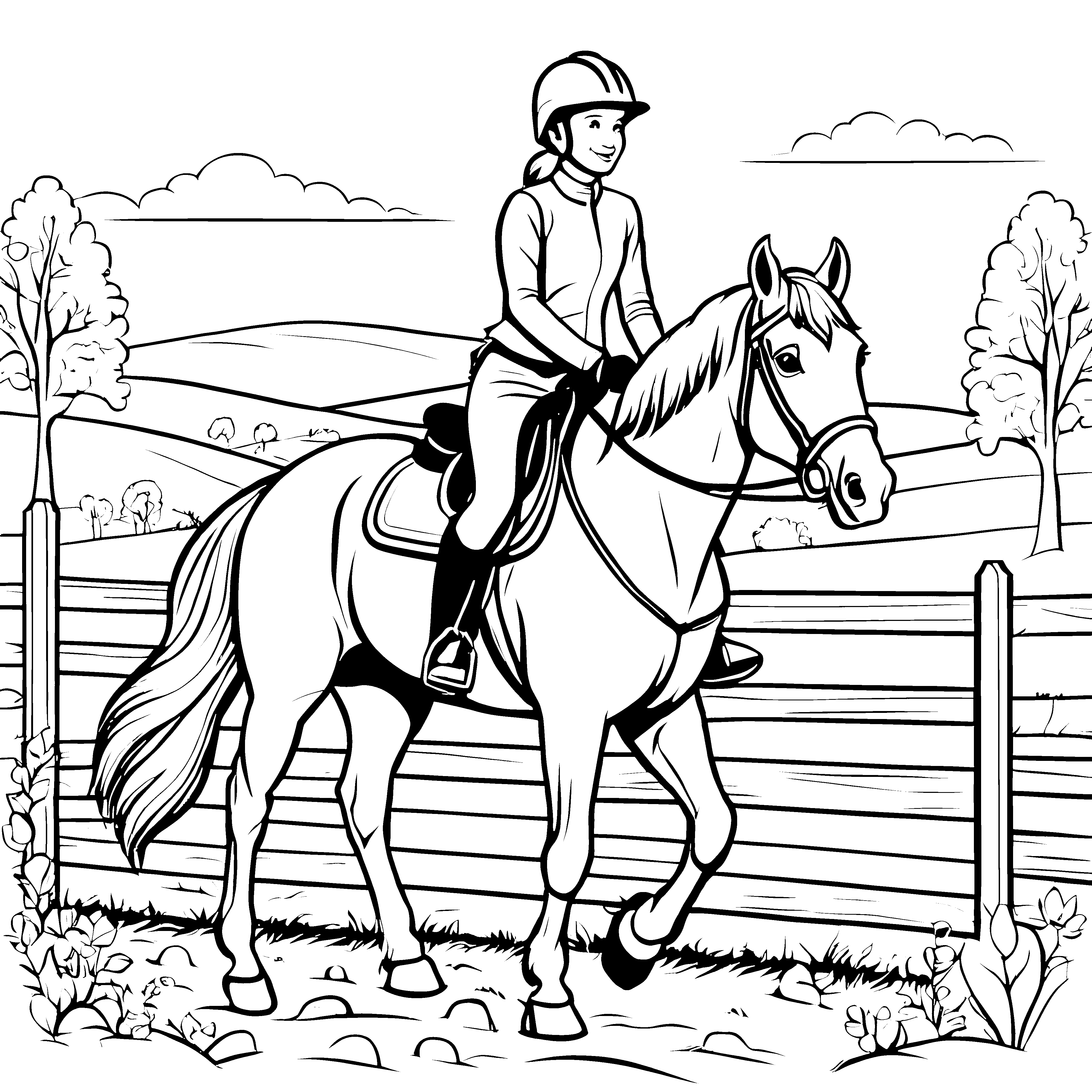 Reitende Freundin auf dem sonnigen Bauernhof Ausmalbild für abenteuerlustige Pferdefans