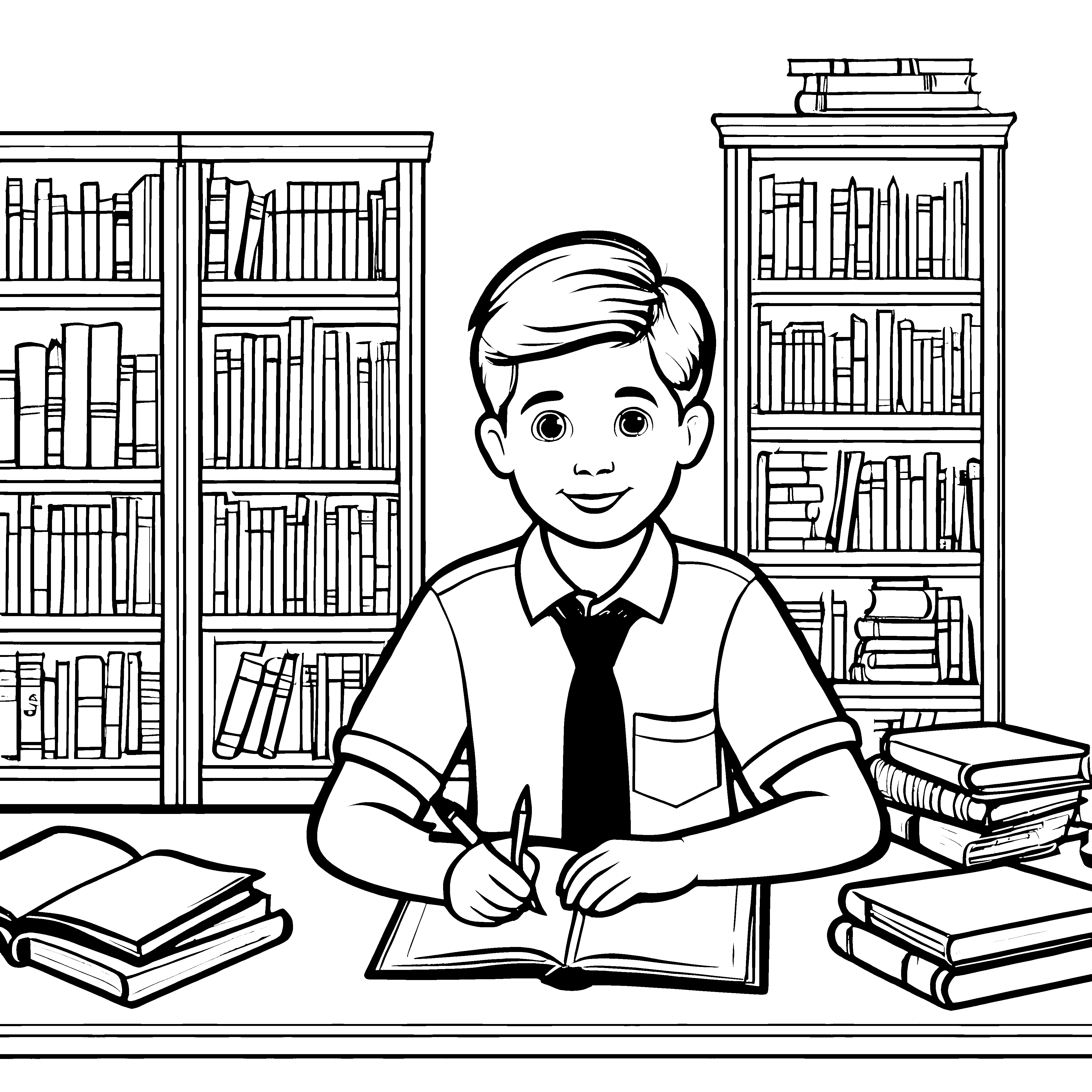 Der kleine Junge mit Krawatte schreibt in sein Notizbuch