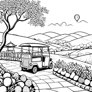 Tuk-Tuks auf dem ländlichen Weg mit Hügeln zum Ausmalen