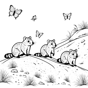 Quokka Babys auf dem grünen Hügel mit Schmetterlingen zum Ausmalen