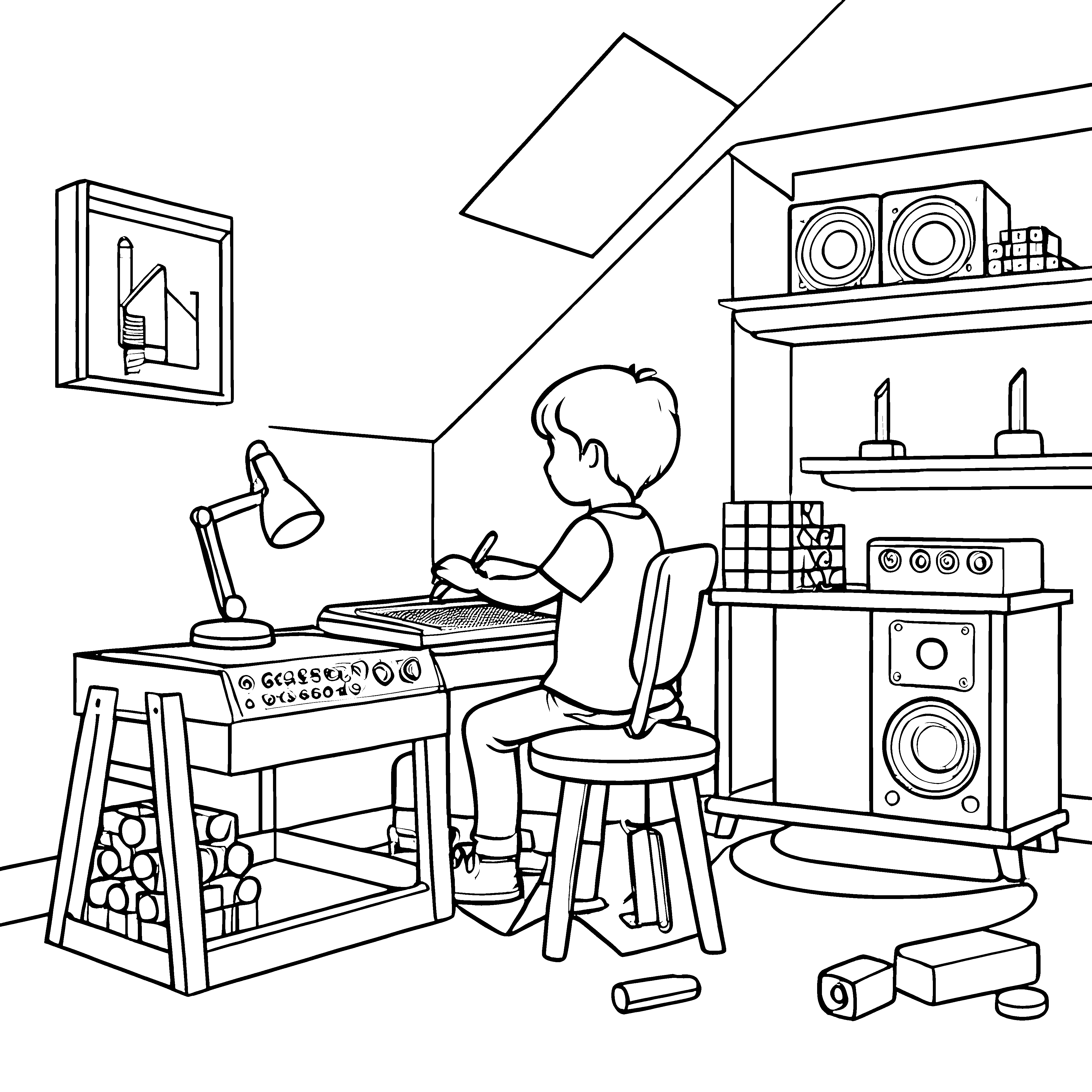 Malspaß mit dem großen Musikstereo und seinen Lautsprecherboxen