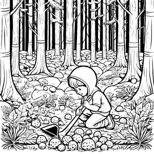 Trüffel suchen: Ein Kind gräbt im Wald nach Pilzen zum Ausmalen
