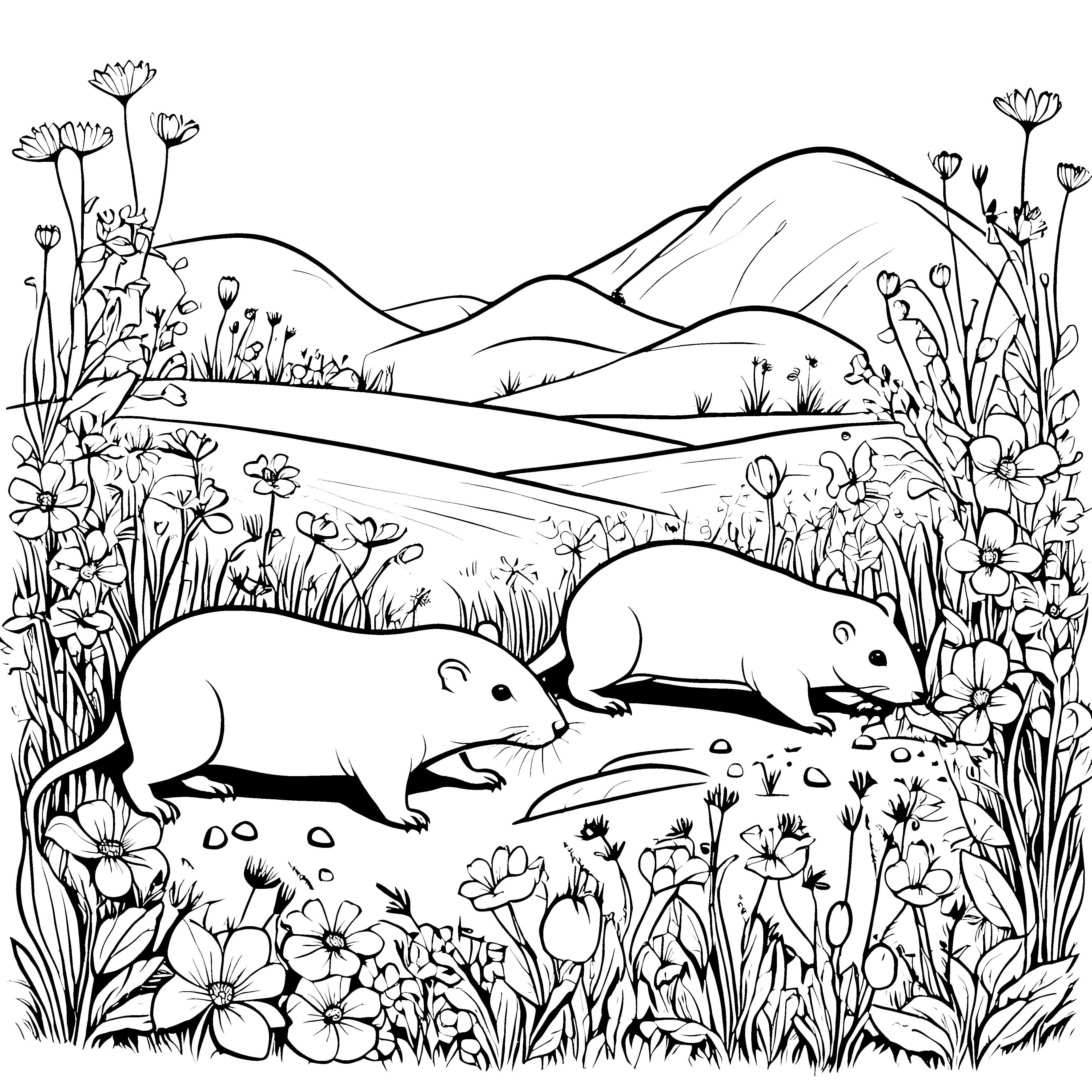 Nacktmulken in der blühenden Wiesenlandschaft zum Ausmalen