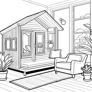 Bequemer Relaxsessel im heimeligen Gartenhaus Ausmalbild für entspannte Künstler