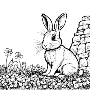 Das Häschen bei Blumen und der alten Steinmauer zum Ausmalen