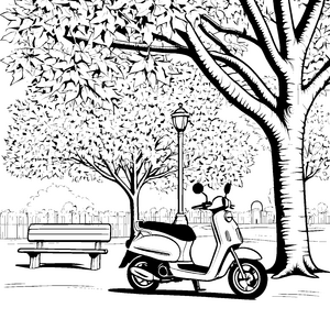 Moped im Park: Ein süßes Ausmalbild für kleine Fahrer