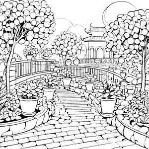 Bunte Blumen auf der großen Gartenterrasse zum Ausmalen