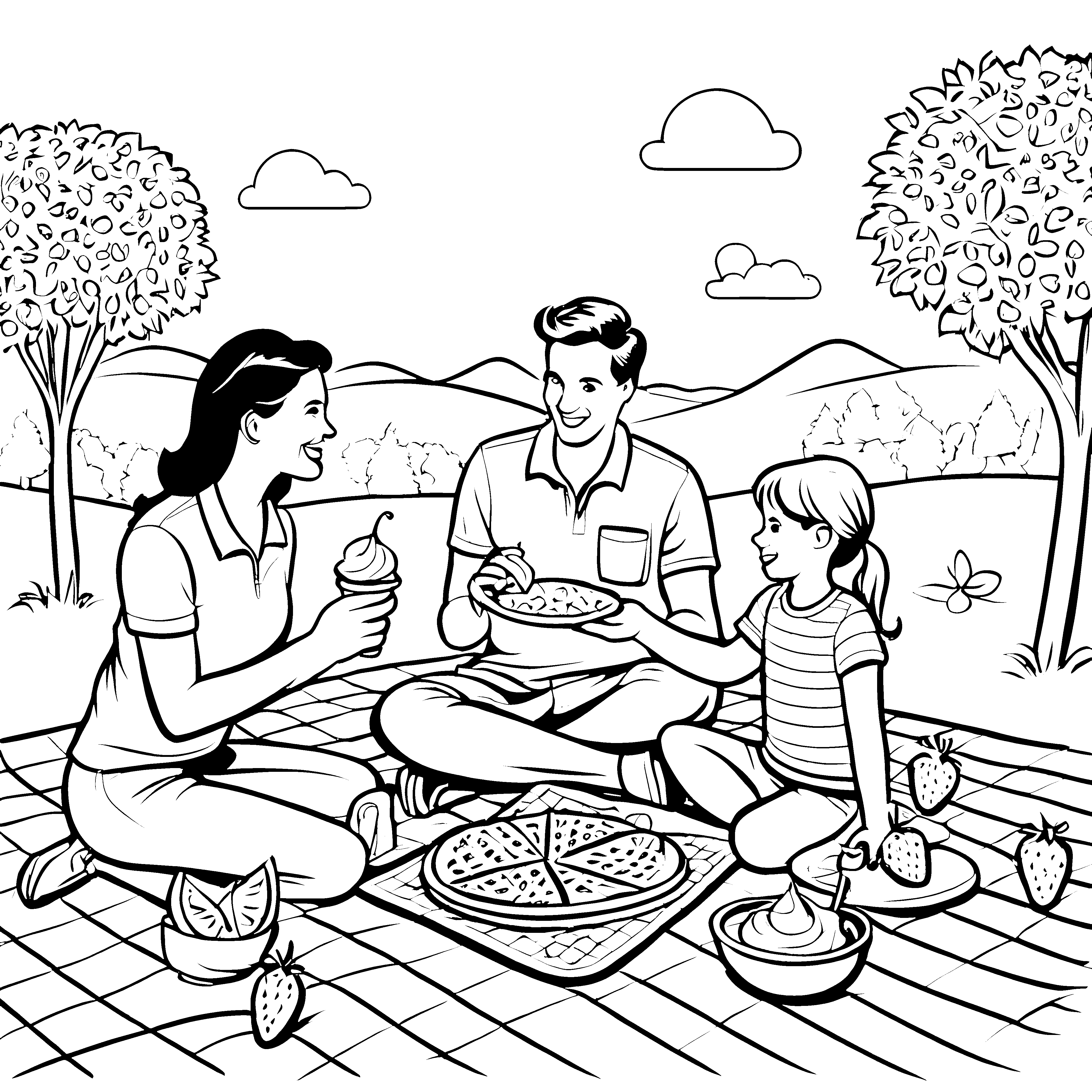 Familienpicknick mit leckerem Eiscreme-Genuss im Freien zum Ausmalen