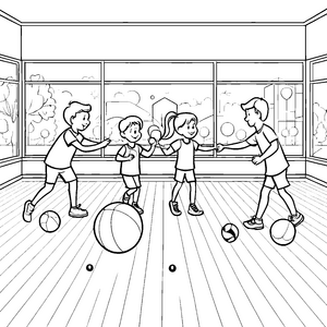 Kinder spielen mit Medizinbällen im Raum zu malen