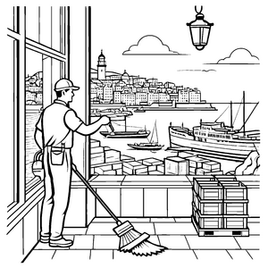 Der Fensterputzer vor der Stadtkulisse mit Wischer