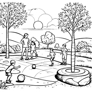 Kinder spielen mit Medizinbällen im Park zum Ausmalen