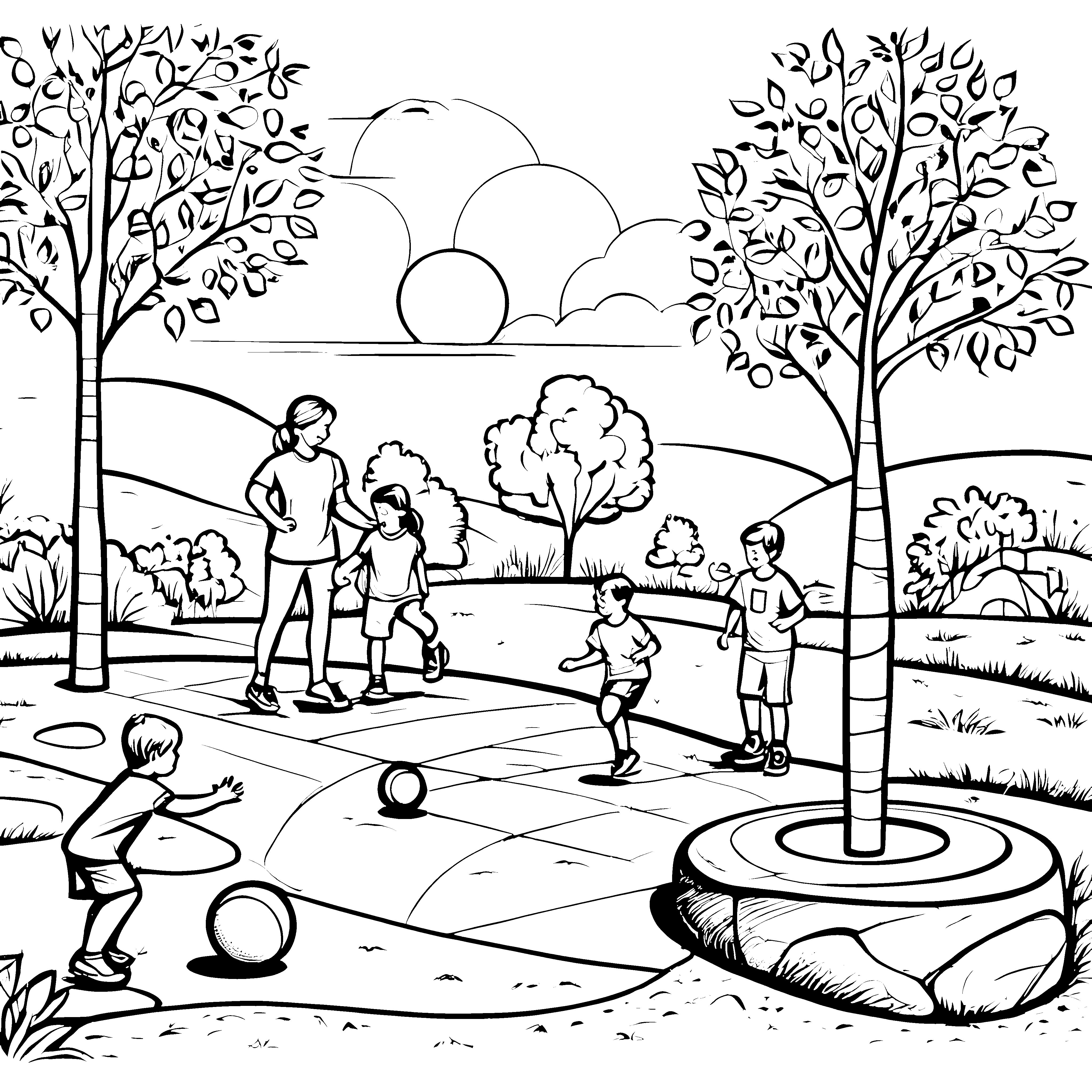 Kinder spielen mit Medizinbällen im Park zum Ausmalen