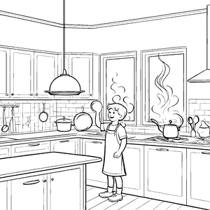 Kreatives Kochen mit schwebendem Dunstabzug Ausmalbild für kleine Küchenchefs